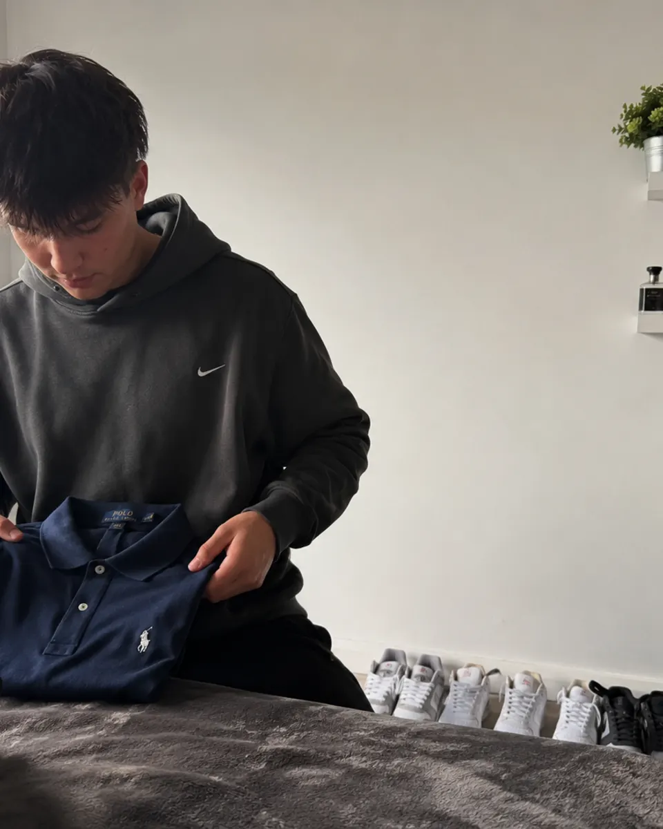 Reseller preparing a Polo shirt for listing on Vinted